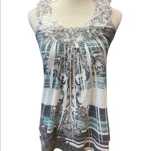 Espresso Gray, White, & Blue Floral Ruffled Straps Tank top